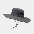 Close-up of dark grey outdoor hat with wide brim and breathable black mesh vents - One Size / Smoke