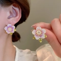 Lavender and white gradient floral stud earrings with small pearls and green leaves - Gold-Purple Gradient Flower (79# Silver Earring Post)