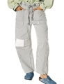 Detail view of striped wide-leg pants featuring a drawstring waist and patch pocket design - Gray