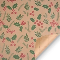 Vintage kraft paper gift wrap with holly berry prints and back grid for easy cutting - Holly Berries (With Grid)