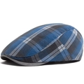 Classic blue and grey plaid flat cap with vintage British herringbone pattern - Adjustable / Grey + Blue