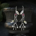 Retro handmade silver vine earrings with inlaid red gemstones and leaf detail - Red/Green (B)