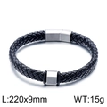 Men's black braided leather bracelet with silver stainless steel magnetic clasp 220mm - Steel Color (KB114907-KFC)