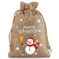 Detailed close-up of burlap drawstring gift bag with snowman and Merry Christmas print - 9*12cm / Christmas 15-Linen Snowman
