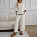 Women's white knitted set with black trim including long sleeve top and wide leg pants - S / White