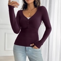 Slim fit long sleeve Y2K top in deep purple with V-neck button detail and ruching - S / Fuschia