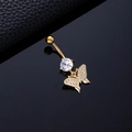 Golden butterfly navel ring featuring a large white zircon and crystal tassel pendant - Single Large Diamond Butterfly Gold