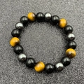 Bracelet pour homme en perles d'œil de tigre doré et pierres d'obsidienne noire - 10mm Imitation Œil de Tigre Noir Brillant Hématite
