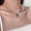 Elegant pearl and silver chain necklace with a metal flower pendant and purple gem - Metal Flower Purple Gem Artificial Pearl Patchwork Necklace (DX0298)