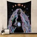 Detail view of bohemian tapestry featuring a celestial goddess holding a glowing star - GT220101-2 (Colorful Goddess)
