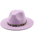Detail of light purple wool fedora with leopard print band and gold buckle accent - M (56-58cm) / Taro Purple