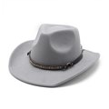 Detail of western cowboy hat with ethnic patterned leather band and metal buckle accents - Gray