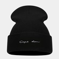 Detail of black knit beanie featuring white Carpe Diem cursive embroidery on the cuff - M(56-58cm) / Carpe Diem Embroidery / Black