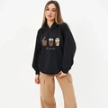 Women's black oversized hoodie featuring coffee cups print and It's coffee time slogan - S / Black (Thin)