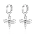 Polished silver stainless steel hoop earrings with a delicate dragonfly pendant - Dragonfly (MS-681) / Steel
