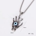 Detail view of silver palm pendant with blue eye and measurements 48mm x 29mm - Hamsa Hand Evil Eye Style (6)