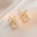 Gold plated bow and square earrings with micro-pave cubic zirconia on silk fabric - Bowknot Square Frame Drop Style (E0470)