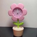 Pink flower shaped desk alarm clock with green stem and beige flower pot base - Pink Flower Alarm Clock