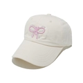 Detail der cremefarbenen Baseballkappe mit rosa gestickter Schleife und Strasssteinen - M (56-58cm) / Beige