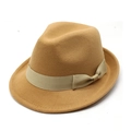 Classic camel wool fedora hat with elegant ribbon bow for women's vintage autumn style - M (56-58cm) / Camel