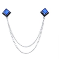 Silver collar pin with square blue crystal, black enamel accents, and double chain tassels - Royal Blue (Silver Base)