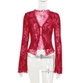 Blouse rouge en dentelle florale avec manches évasées et lien noué sur le devant - XS / Rouge