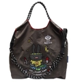 Borsa tote in tela grigio scuro con ricamo colorato di coniglio e manici in corda intrecciata - Grigio