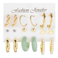 9-piece gold earring set with pearls, hearts and butterflies on a white card - Gold Pearl Green Resin Set (54785)