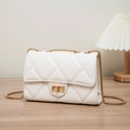 Elegant white quilted crossbody bag with gold chain strap and secure metal turn lock - Diamond Pattern / White