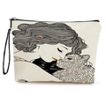 Off-white canvas cat print makeup bag with black wristlet strap and zipper closure - Girl Hugging Two Cats With Wristlet (xy-083-2) / 17*25cm (Linen) with Strap