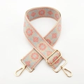 Detail of adjustable ethnic jacquard strap with gold metal hooks and floral pattern - Silver Clasp / Beige Blue Pink Floral