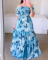 Robe longue bleu clair à épaules dénudées avec imprimé papillon et taille froncée - S / Papillon Bleu