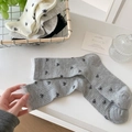 Women's grey mid-calf socks with lace trim and black bow embroidery detail - One Size / Medium Grey