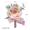 Fiore all'occhiello con rosa finta rosa, foglie verdi e nastro rosa, 8cm x 12cm - Rosa Retrò