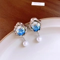 French luxury silver needle butterfly earrings with blue gradient and white pearl drops - 61# Silver Butterfly Pearl (61# Silver Earring Post-Silver-Pearl)
