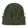 Detailansicht der dunkelgrünen Strickmütze mit Vintage-Fransen im Distressed-Look - M (56-58cm) / Armeegrün