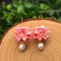 Pink carved flower earrings with white freshwater pearls and golden hooks on wood - Coral Flower Pendant Style