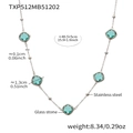 Silver stainless steel necklace with square green glass stones and small metal beads - Necklace / Steel Light Green