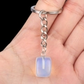 Handheld milky white rectangle opal stone keychain with a silver chain and ring - Opal (Synthetic)