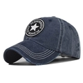 Detail view of washed denim baseball cap with star embroidery and distressed brim - Adjustable / Star Navy Blue
