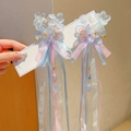 Fairy style long ribbon hair clips with pink and blue organza flowers for girls - Huajian Blue Tassel