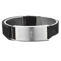 Black mesh band bracelet with silver cross plaque and Spanish Lord's Prayer engraving - Black