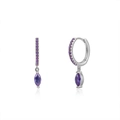 Macro detail of S925 silver hoop earrings featuring marquise-cut purple gemstones - Silver Purple Marquise Dangle Hoop