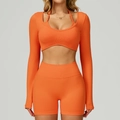 Detail van de naadloze oranje yogaset met gelaagde top met lange mouwen en korte broek - S / Hermes oranje