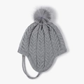 Winter cable knit beanie for women in light grey with ear flaps and a soft faux fur pom - One Size / Dark Gray