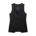 Sleek black slim fit V-neck suit vest for women with two buttons on a white background - S / Black