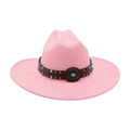 Pink wool felt western cowboy hat featuring a brown leather band and turquoise beads - One Size / Pink
