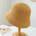 Ginger yellow crochet hollow straw bucket hat for women on a wooden stand - M(56-58cm) / Diamond Hollow Out (5641) / Khaki