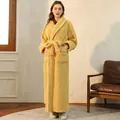 Thick golden fleece long bathrobe for women with white trim and waist tie - Lemon Yellow (Women)