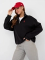 Black half-zip sweatshirt with red heart embroidery paired with a stylish red baseball cap - S / Thin Style / Black